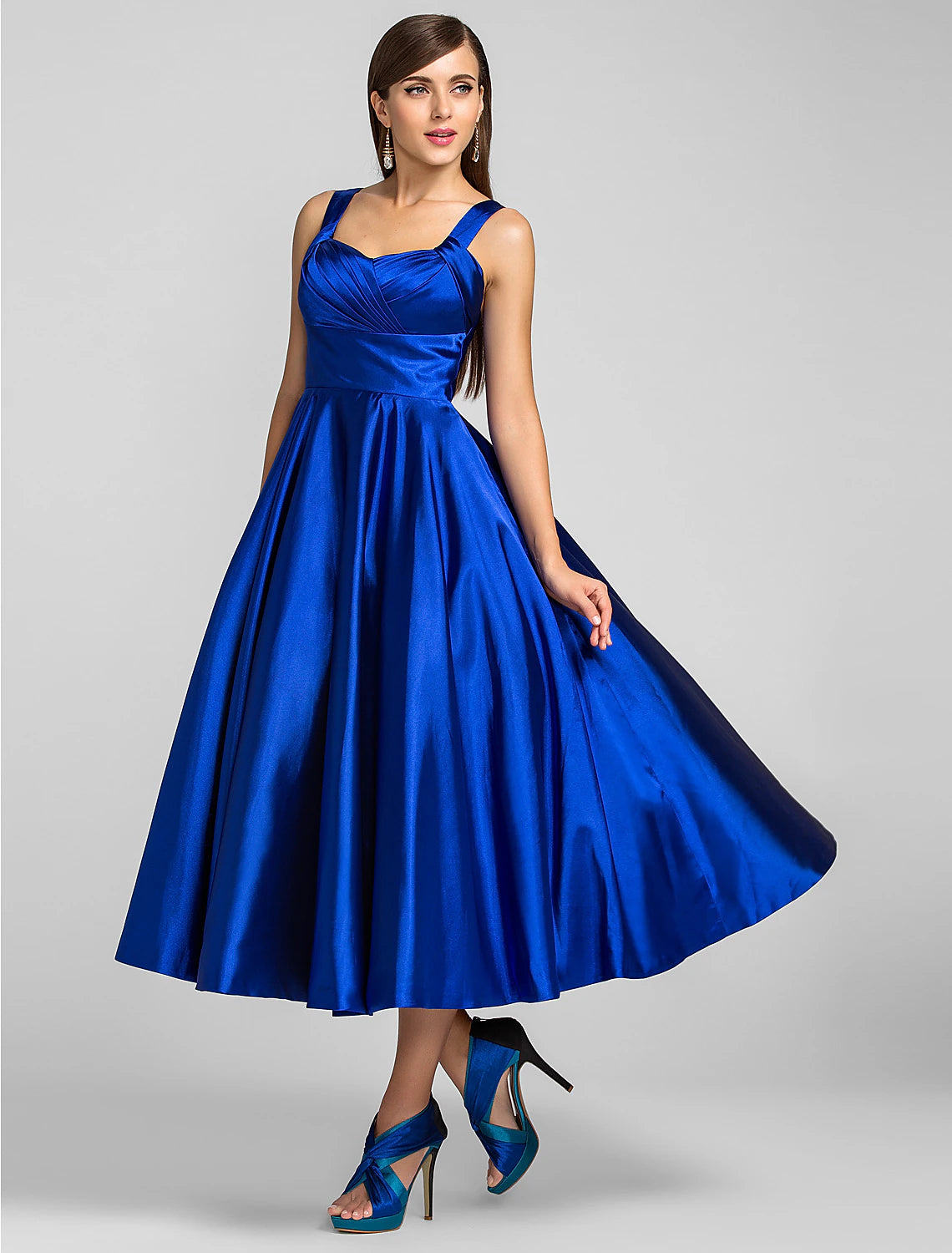 Abito minimalista a trapezio, per invitati a matrimoni, cocktail party, lunghezza tè, senza maniche, scollo quadrato, in raso con incrocio